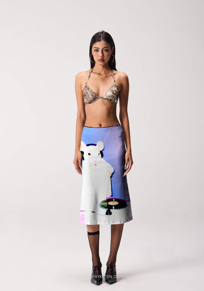 Neon Lightning DJ Rat Y2K Print Midi Skirt Cherrykitten