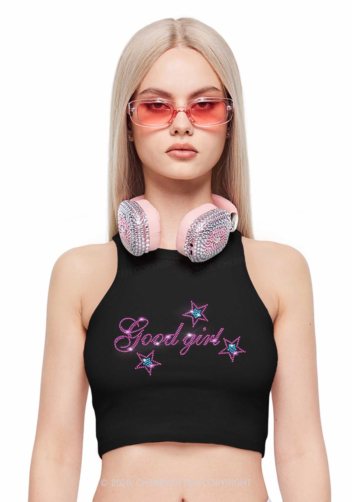 Rhinestone Good Girl Pink Star Y2K Crop Tank Top Cherrykitten