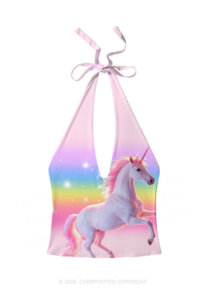 Rainbow Gradient Unicorn Y2K Print Halter Deep V Neck Cami Cherrykitten