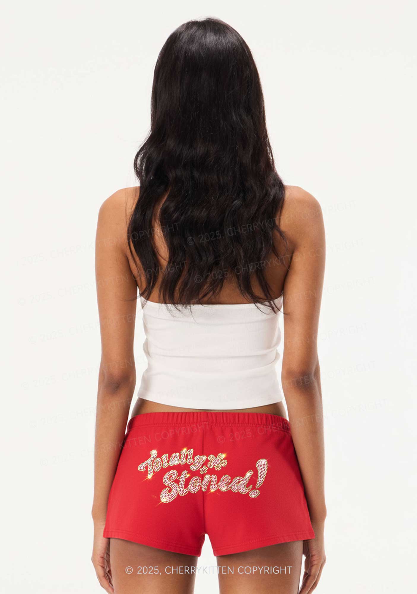 Rhinestone Totally Stoned Y2K Drawstring Mini Shorts Cherrykitten