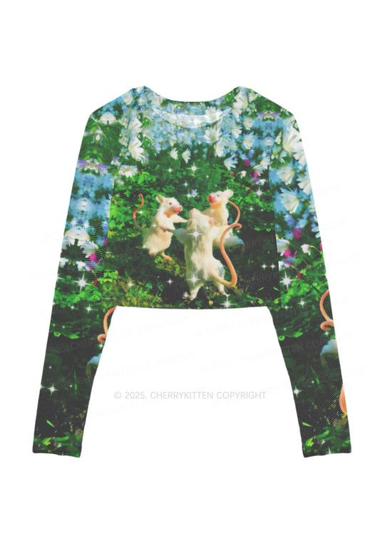 Dancing Rat Y2K Mesh Long Sleeve Crop Top Cherrykitten Art by OhStuffinell Taxidermy