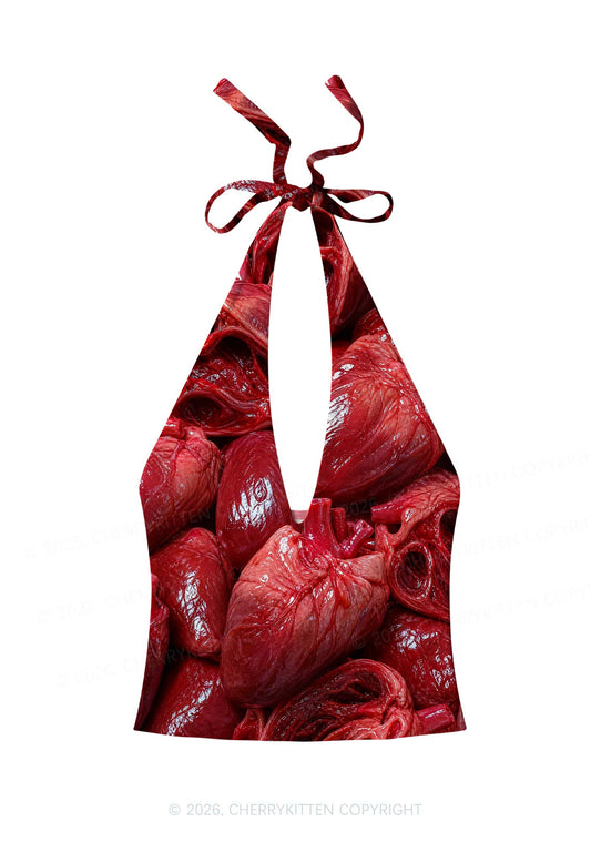 Halloween Red Blood Hearts Y2K Print Halter Deep V Neck Cami Cherrykitten