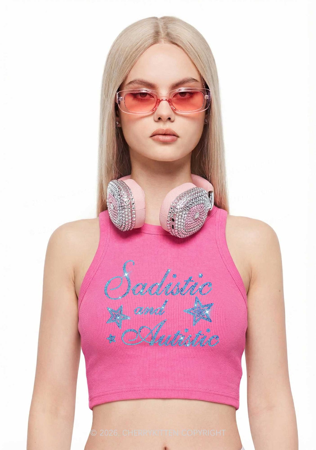 Rhinestone Sadistic And Autistic Y2K Crop Tank Top Cherrykitten