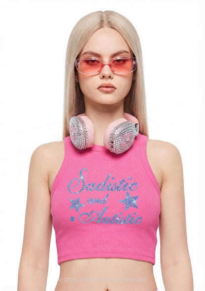 Rhinestone Sadistic And Autistic Y2K Crop Tank Top Cherrykitten