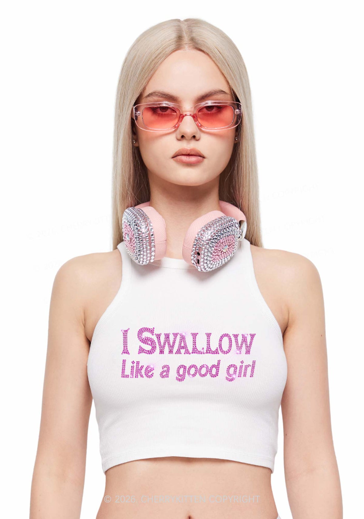 Rhinestone Swallow Like Good Girl Y2K Crop Tank Top Cherrykitten