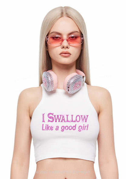 Rhinestone Swallow Like Good Girl Y2K Crop Tank Top Cherrykitten