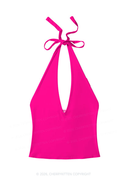 Hot Pink Plain Y2K Print Halter Deep V Neck Cami Cherrykitten
