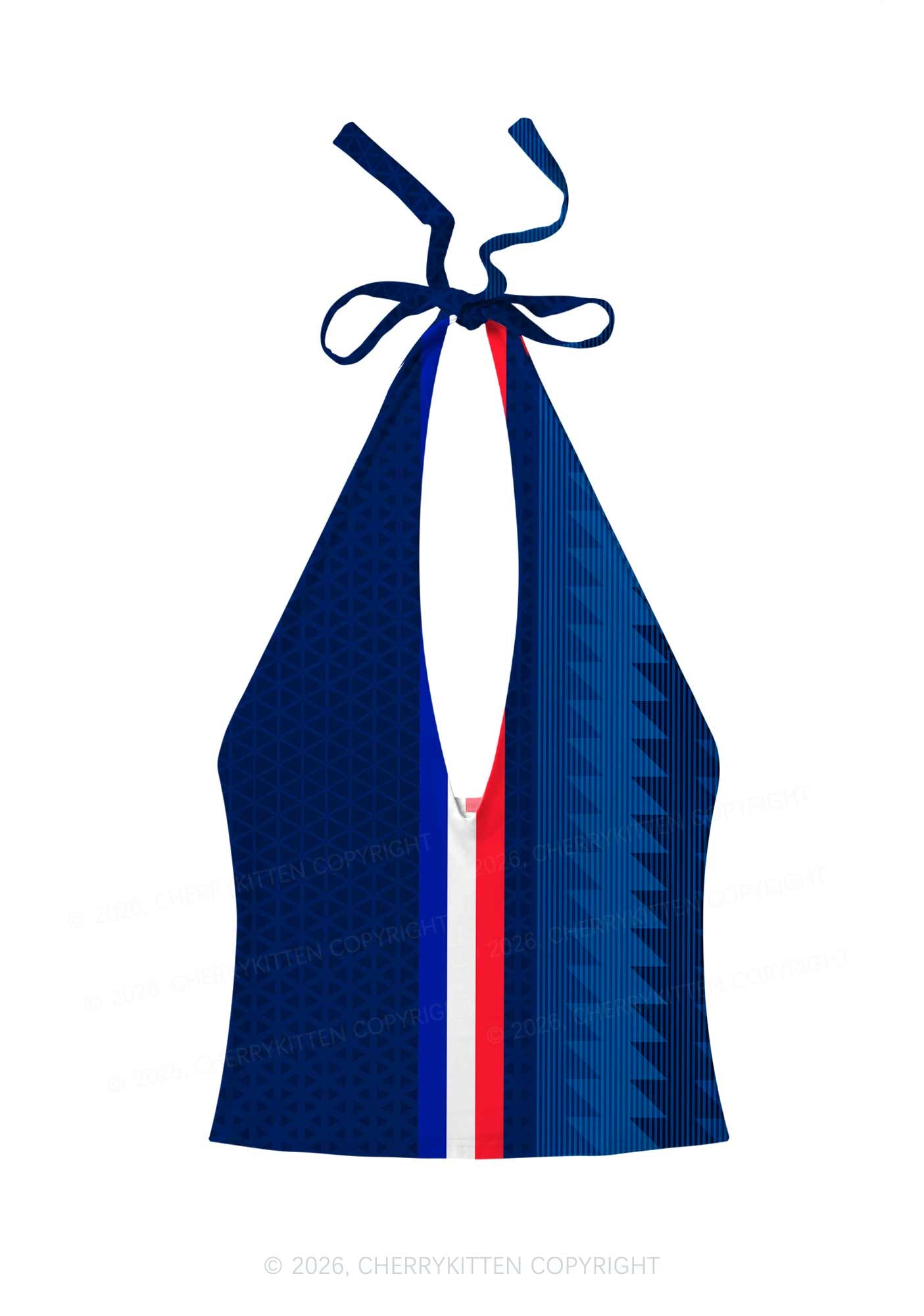 Red White Blue Stripe Y2K Print Halter Deep V Neck Cami Cherrykitten