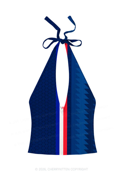 Red White Blue Stripe Y2K Print Halter Deep V Neck Cami Cherrykitten