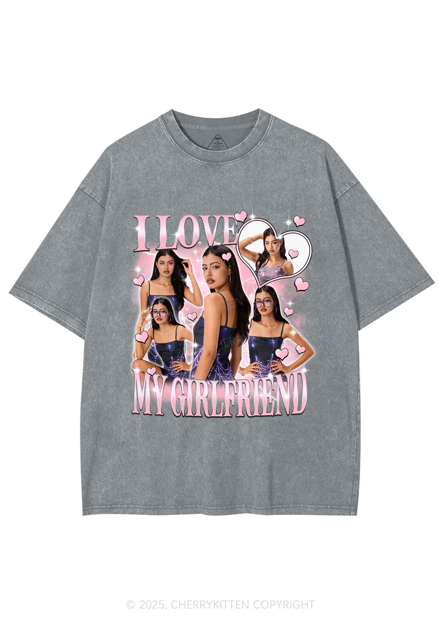 Custom Sparkly Heart I Love BF GF Y2K Shirts Washed Tee Cherrykitten