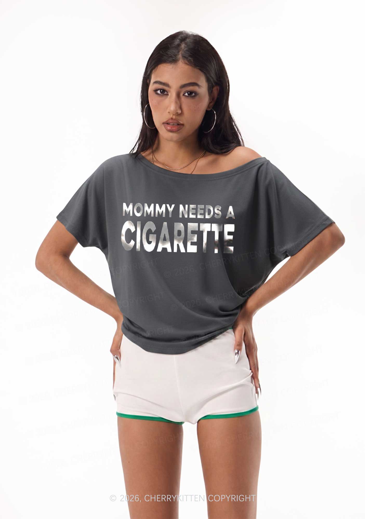 Mommy Needs A Cigarette Silver Foil Printed Y2K Off Shoulder Tee Cherrykitten