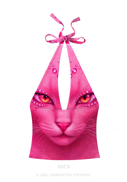 Pink Eyeshadow Cat Y2K Print Halter Deep V Neck Cami Cherrykitten