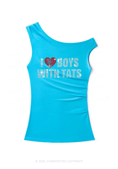 Rhinestone I Love Boys With Tats Y2K Off Shoulder Tank Top Cherrykitten