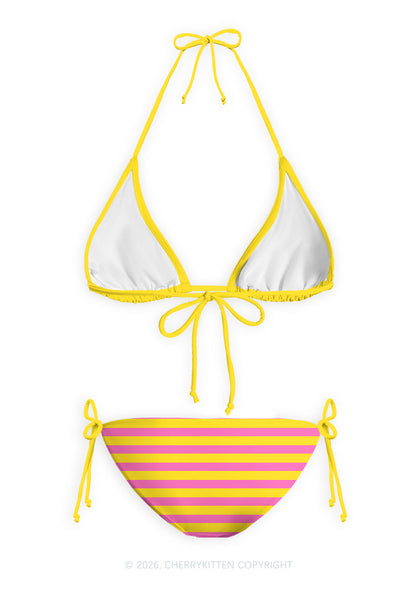 Pink And Yellow Stripes Y2K Print Bikini Set Cherrykitten