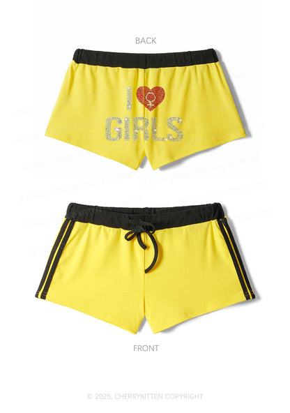 Rhinestone I Love Girls Pride Y2K Drawstring Mini Shorts Cherrykitten