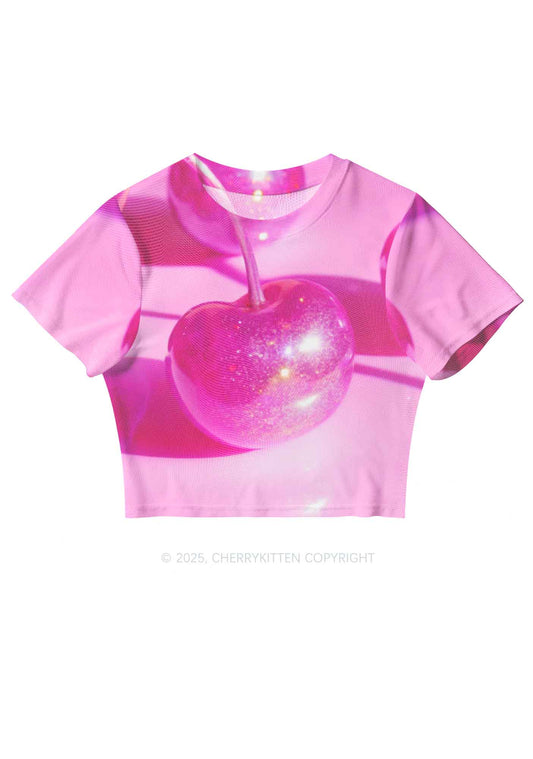 Glitter Pink Cherry Y2K Mesh Crop Top Cherrykitten