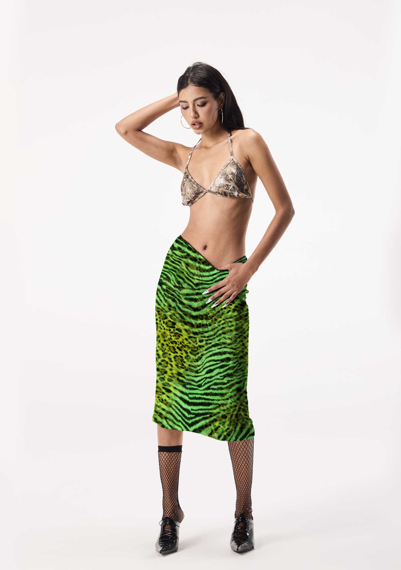 Green Zebra Leopard Pattern St Patricks Y2K Print Midi Skirt Cherrykitten