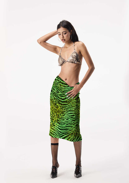 Green Zebra Leopard Pattern St Patricks Y2K Print Midi Skirt Cherrykitten