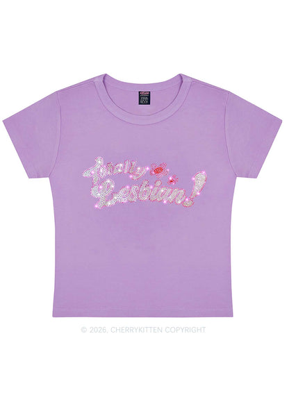 Rhinestone Totally Lesbian Pride Y2K Baby Tee Cherrykitten