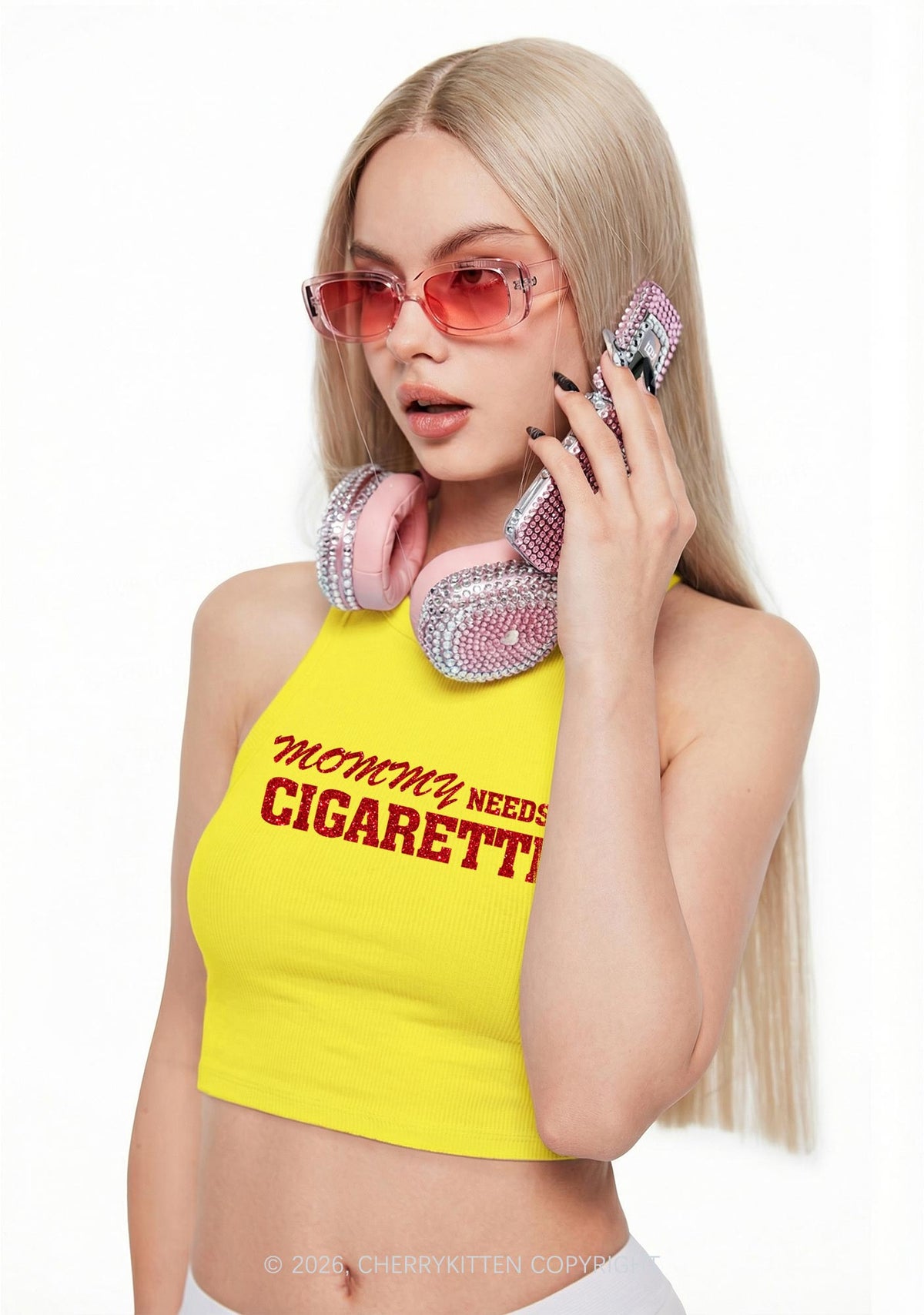 Glitter Mommy Needs A Cigarette Y2K Crop Tank Top Cherrykitten
