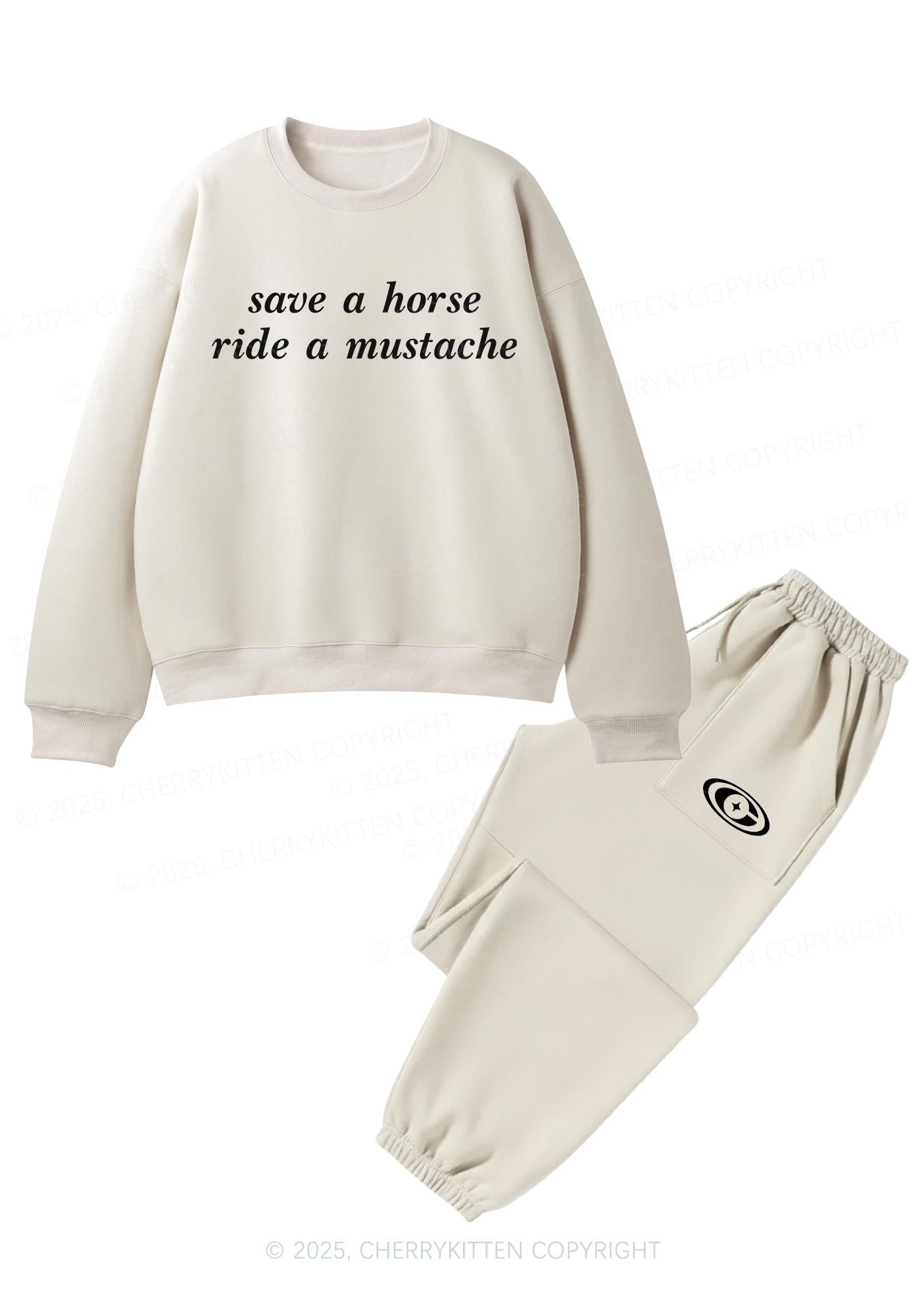 Ride A Mustache Y2K Fleece Sweatshirts Set Cherrykitten