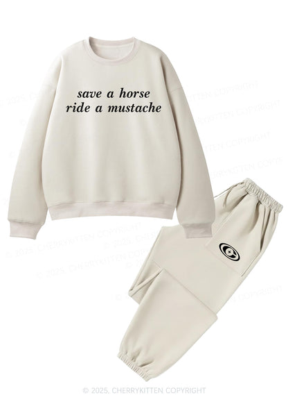 Ride A Mustache Y2K Fleece Sweatshirts Set Cherrykitten
