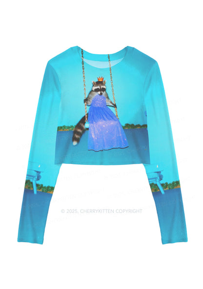 Princess Raccoon Y2K Mesh Long Sleeve Crop Top Cherrykitten