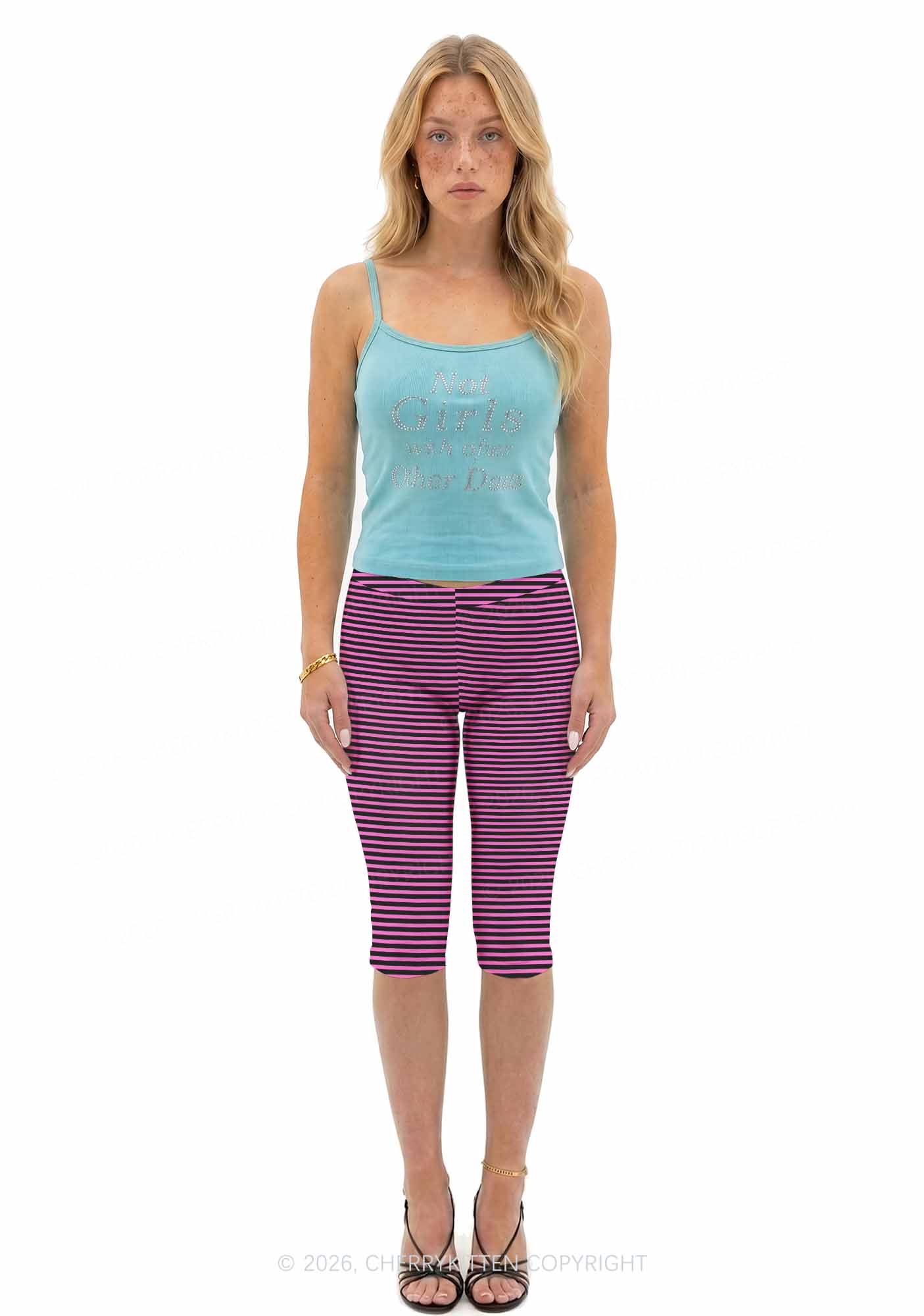 Pink And Black Stripes Y2K Print Capri Pants Cherrykitten