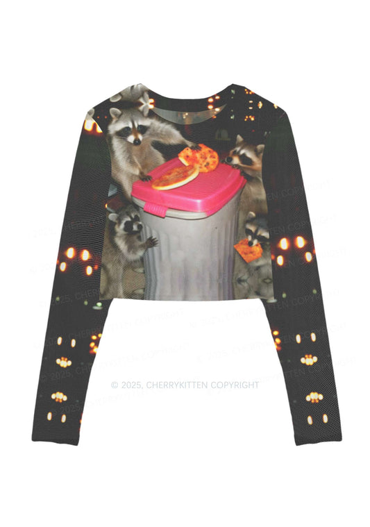 Raccoons Pizza Party Y2K Mesh Long Sleeve Crop Top Cherrykitten