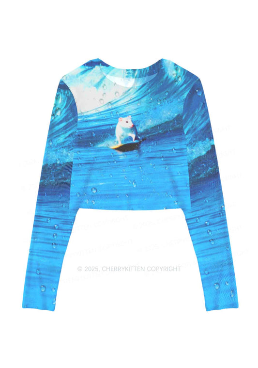 Surfing Mouse Y2K Mesh Long Sleeve Crop Top Cherrykitten