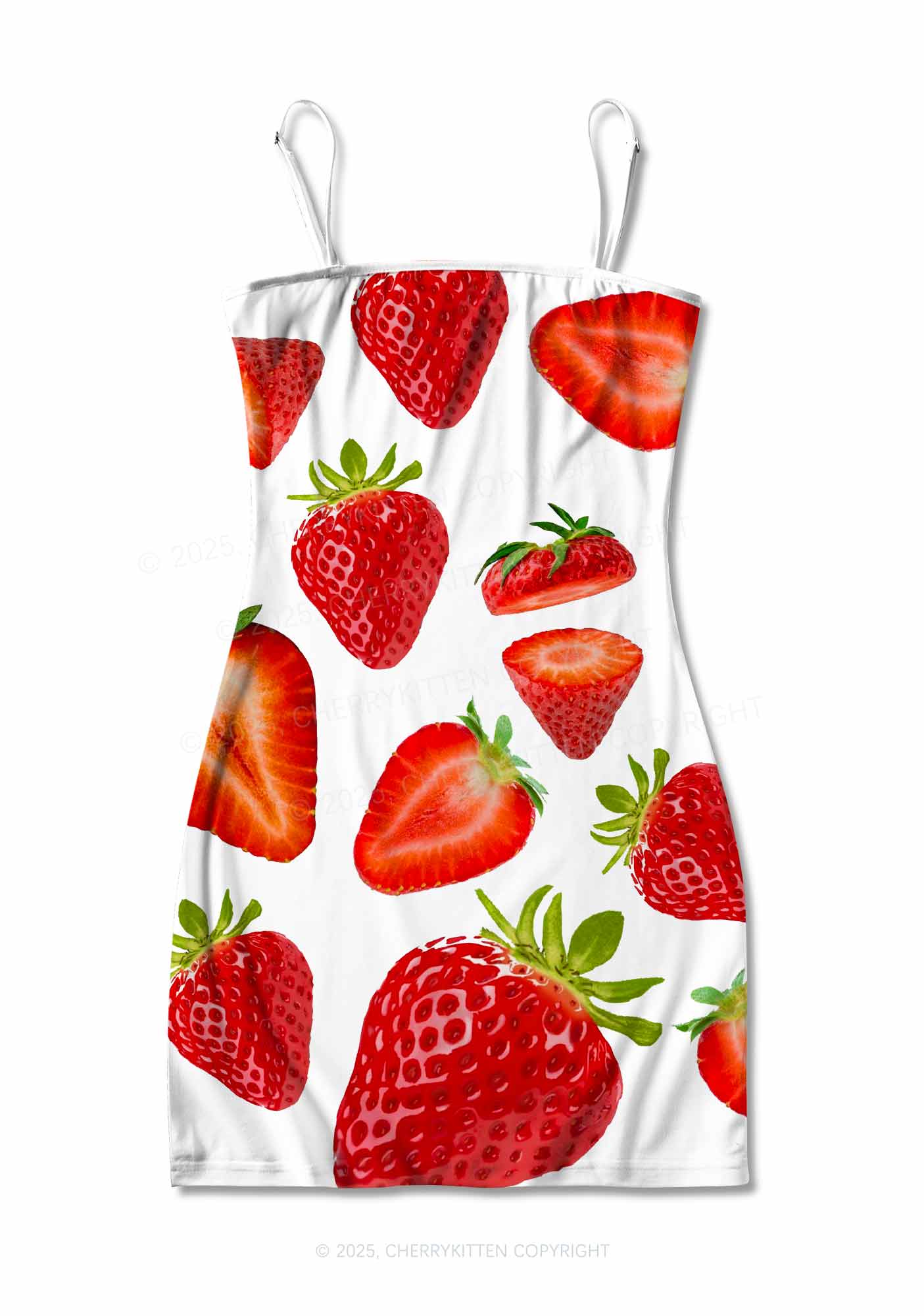 White Strawberry Y2K Print Slip Dress Cherrykitten