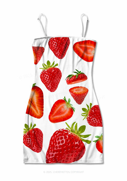 White Strawberry Y2K Print Slip Dress Cherrykitten