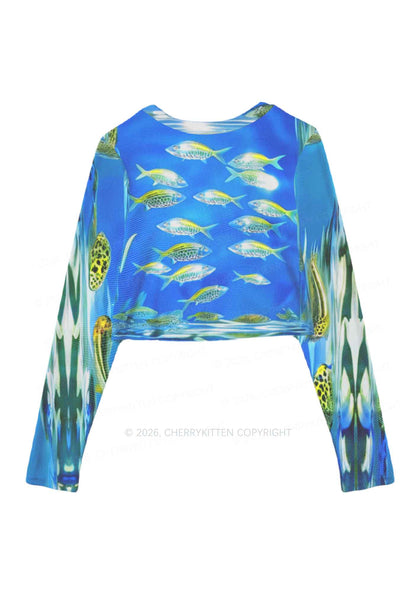 Undersea Fish Y2K Mesh Long Sleeve Crop Top Cherrykitten