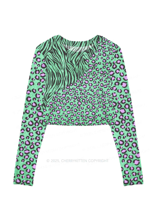 Mint Leopard Y2K Mesh Long Sleeve Crop Top Cherrykitten