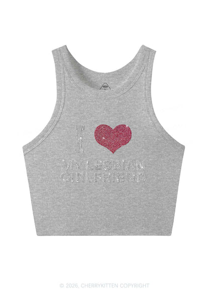 Rhinestone I Love My Lesbian GF Pride Y2K Crop Tank Top Cherrykitten