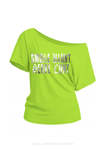 Smoke Blunt Silver Foil Printed Y2K Off Shoulder Tee Cherrykitten