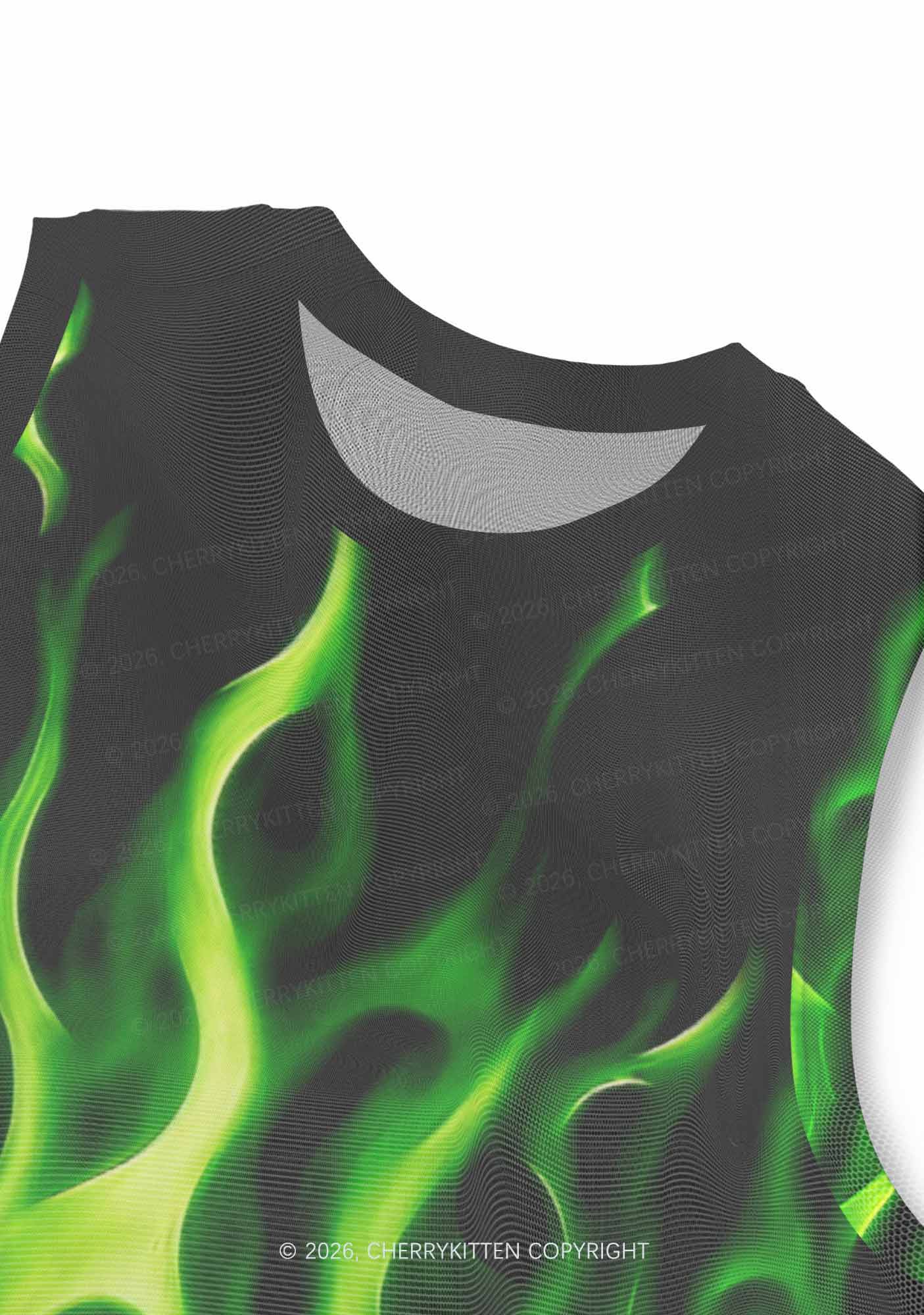 Neon Green Flame Y2K Mesh Muscle Tank Cherrykitten
