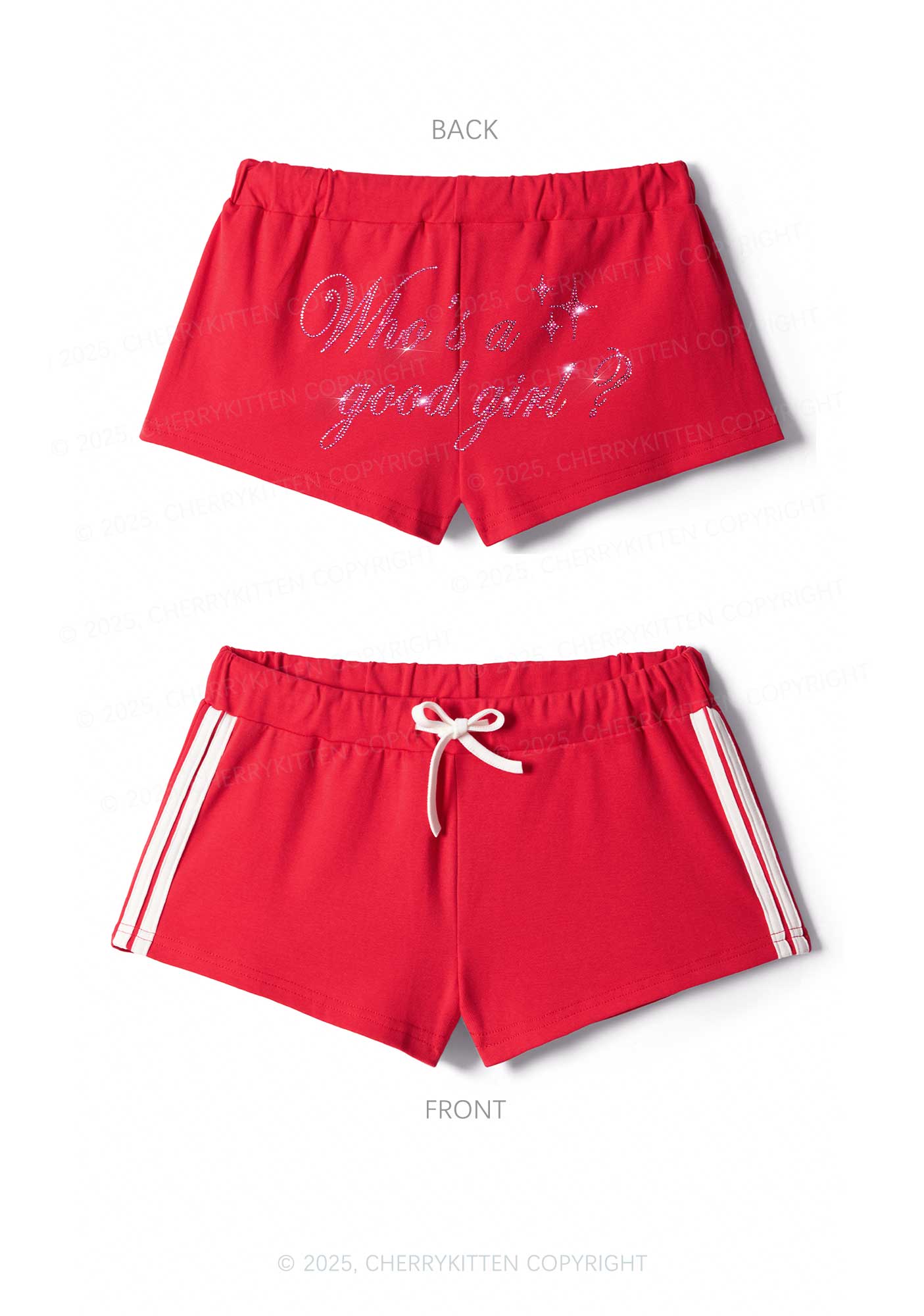 Rhinestone Whos A Good Girl Y2K Drawstring Mini Shorts Cherrykitten