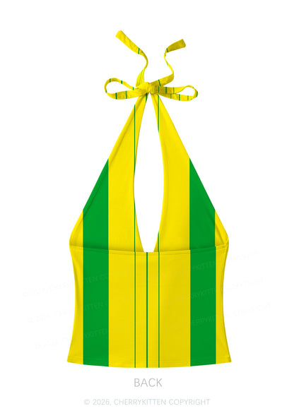 Green Yellow Vertical Stripe Y2K Print Halter Deep V Neck Cami Cherrykitten