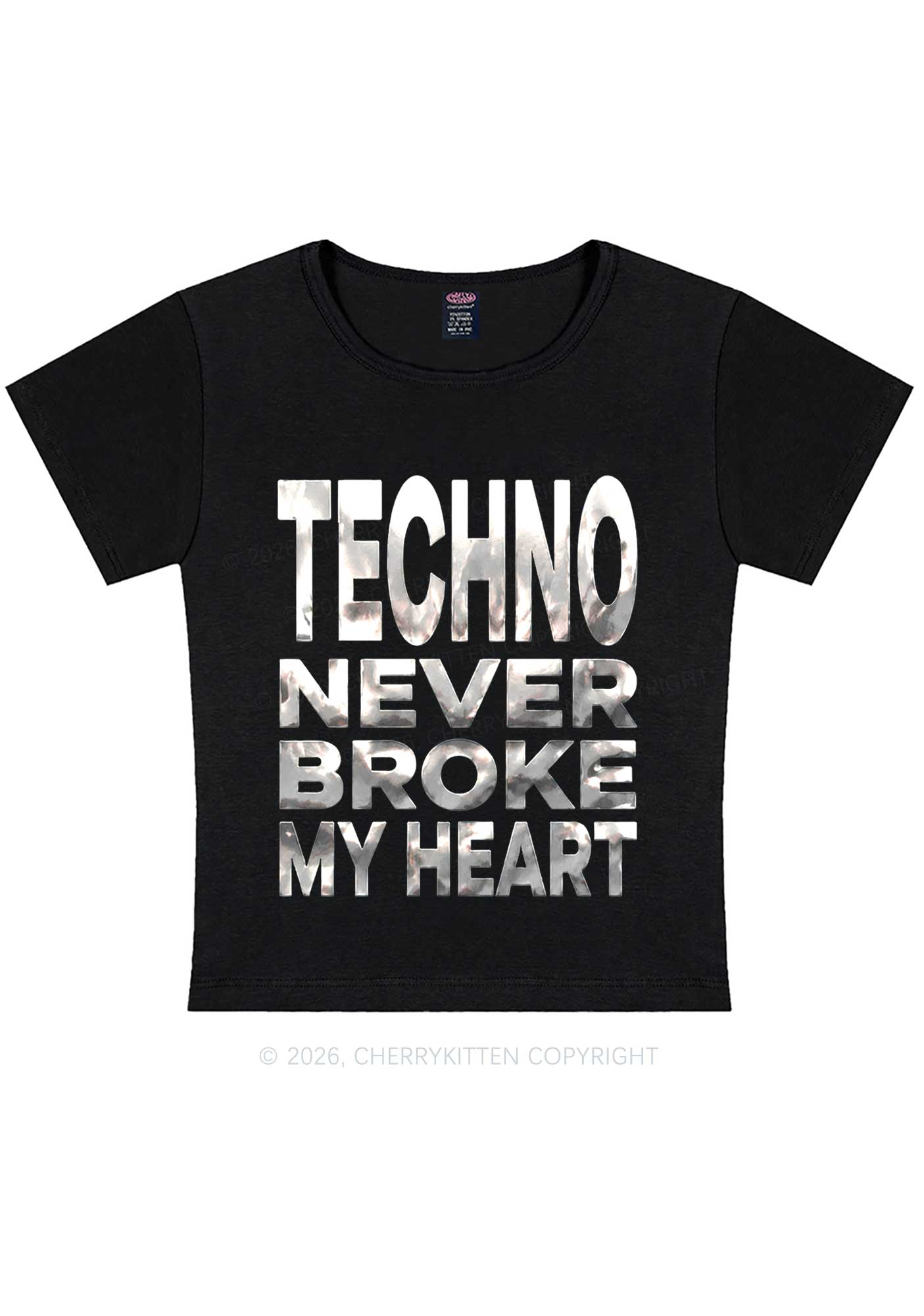 Techno Broke Heart Silver Foil Printed Y2K Baby Tee Cherrykitten