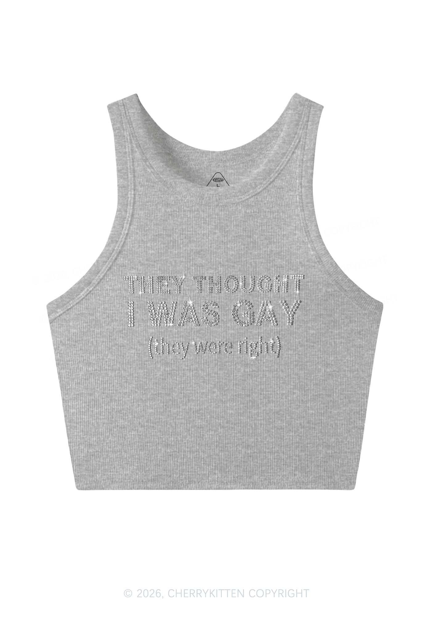 Rhinestone They Thought I Was Gay Pride Y2K Crop Tank Top Cherrykitten
