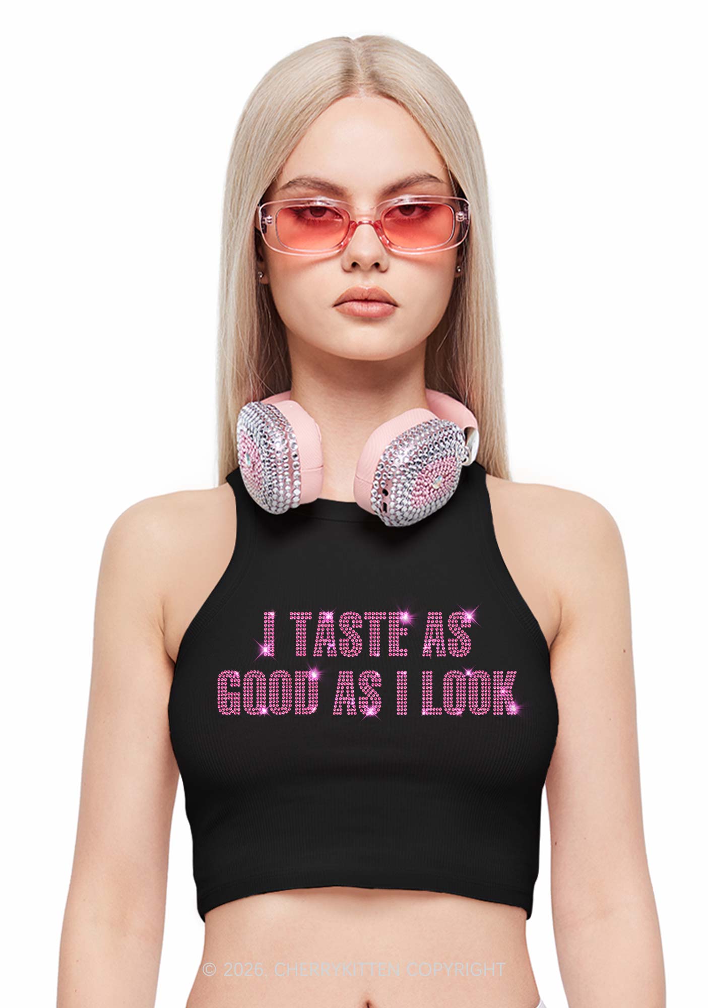 Rhinestone Taste Good Y2K Crop Tank Top Cherrykitten