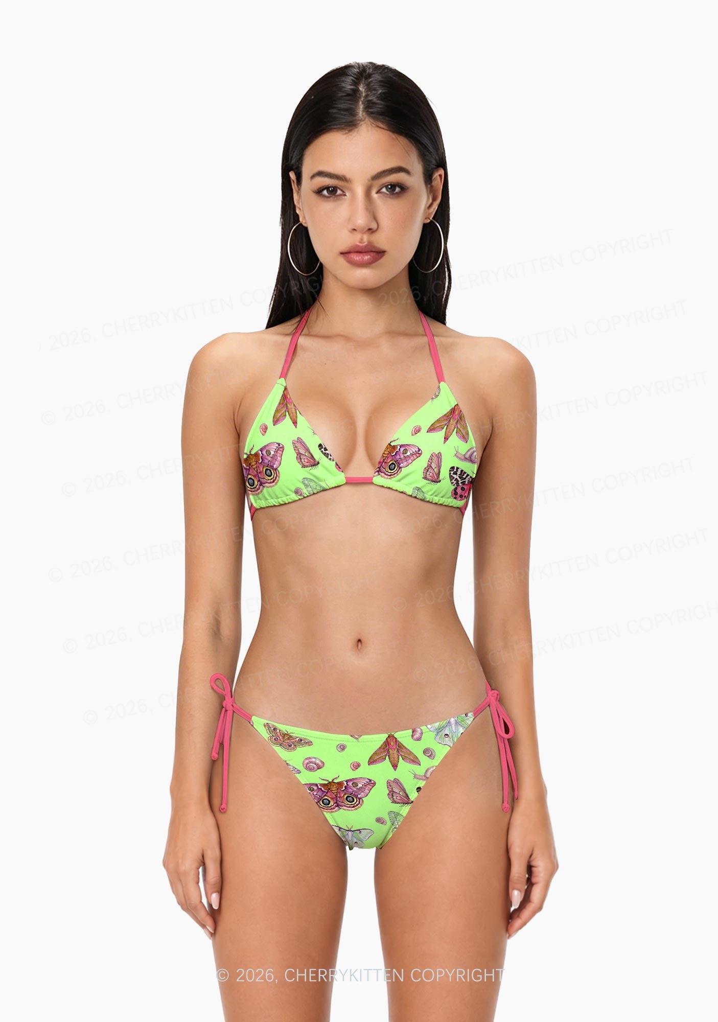 Lime Green Moth Snail Y2K Print Bikini Set Cherrykitten