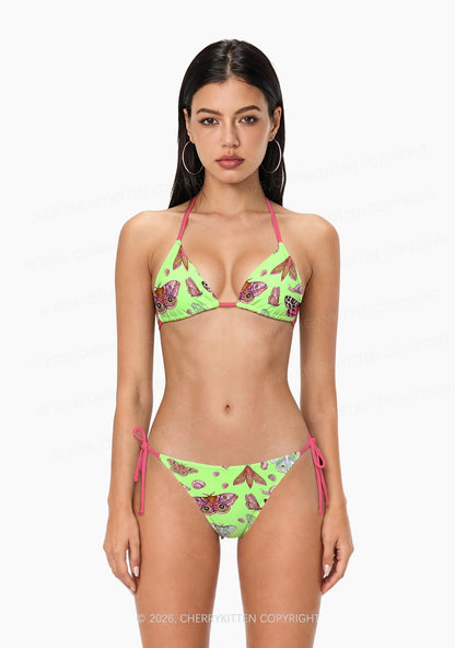 Lime Green Moth Snail Y2K Print Bikini Set Cherrykitten