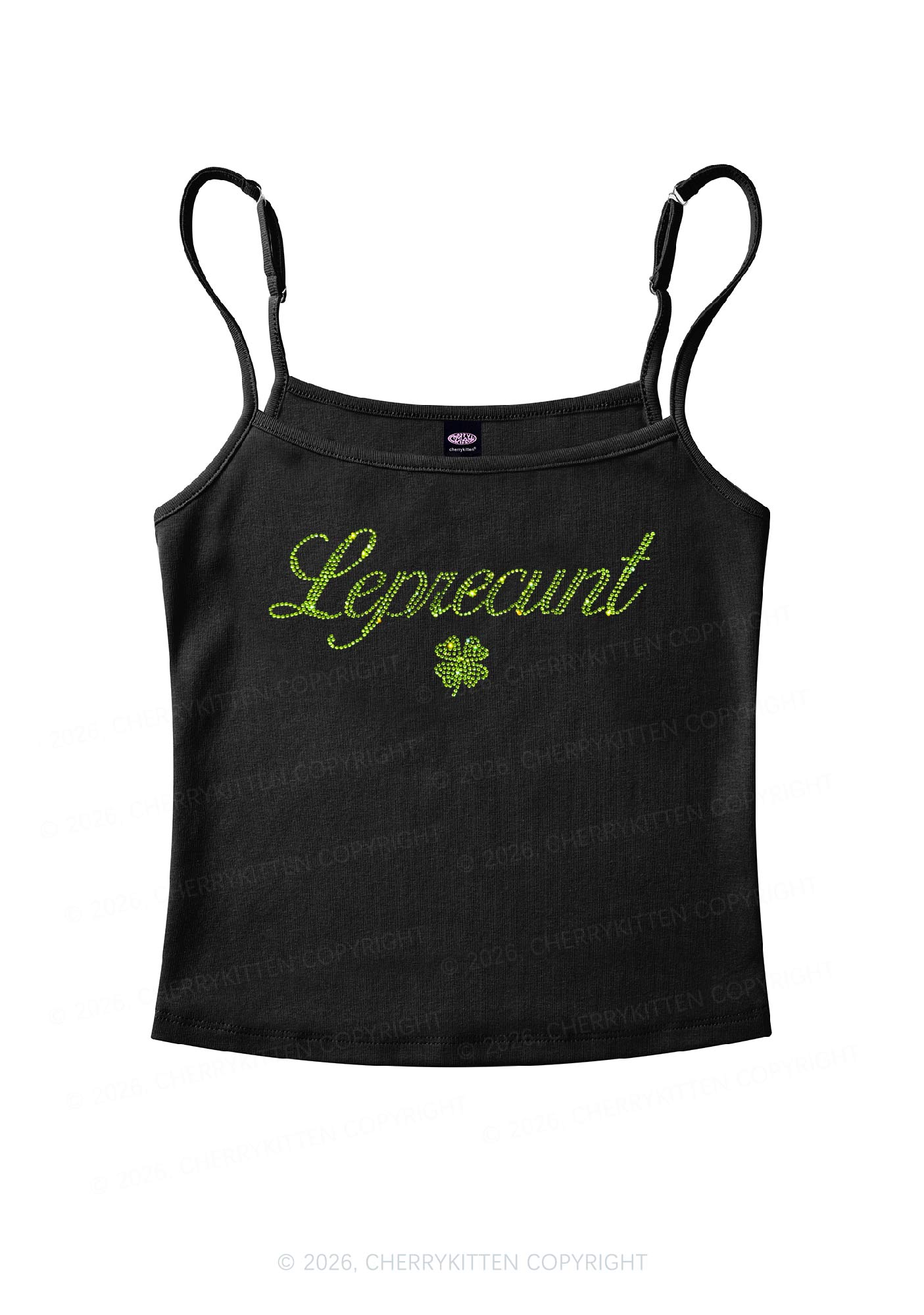 Rhinestone Leprecunt St Patricks Y2K Spaghetti Strap Cami Cherrykitten