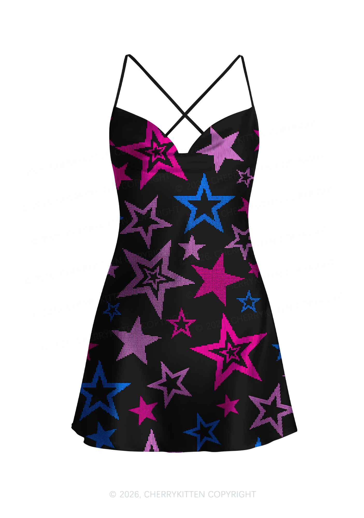 Bisexual Star Pride Y2K Print Satin Cowl Neck Slip Dress Cherrykitten