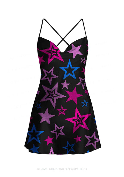 Bisexual Star Pride Y2K Print Satin Cowl Neck Slip Dress Cherrykitten