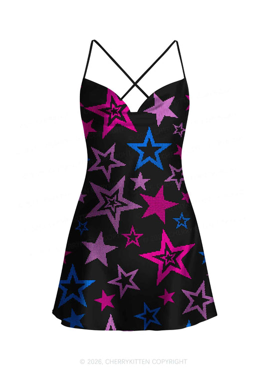 Bisexual Star Pride Y2K Print Satin Cowl Neck Slip Dress Cherrykitten