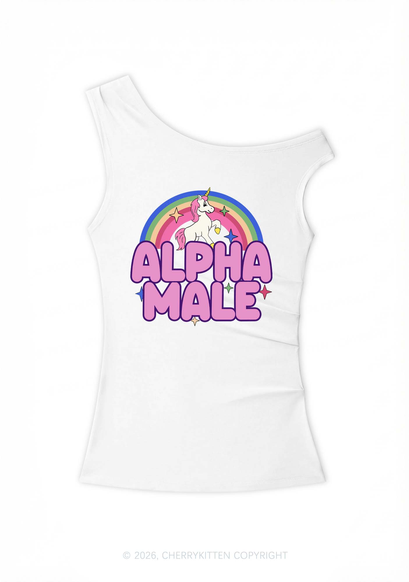Rainbow Unicorn Alpha Male Y2K Off Shoulder Tank Top Cherrykitten