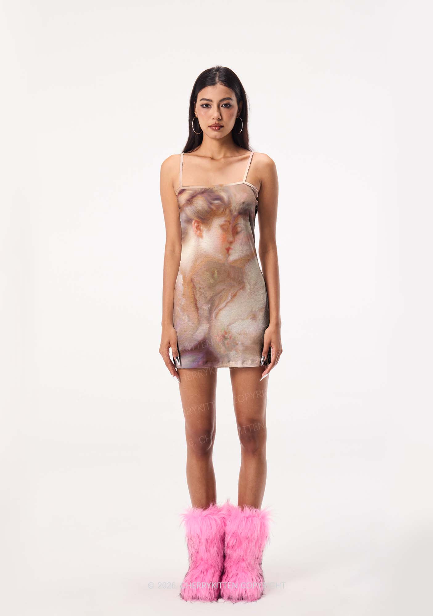 Pastel Dreamy Kissing Couple Pride Y2K Print Slip Dress Cherrykitten